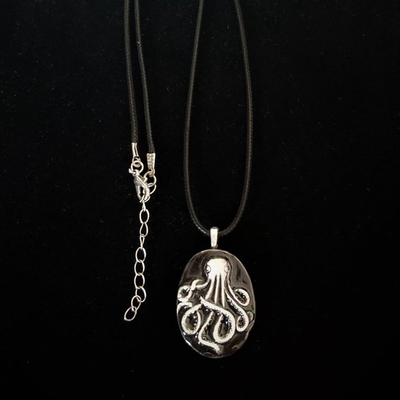 Handmade Ceramic Black Octopus Kraken Pendant Necklace - Picture 6 of 14